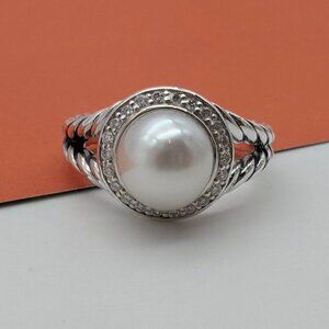 DAVID YURMAN 8mm Pearl & Diamons Albion Round Ring Sterling Silver size 7